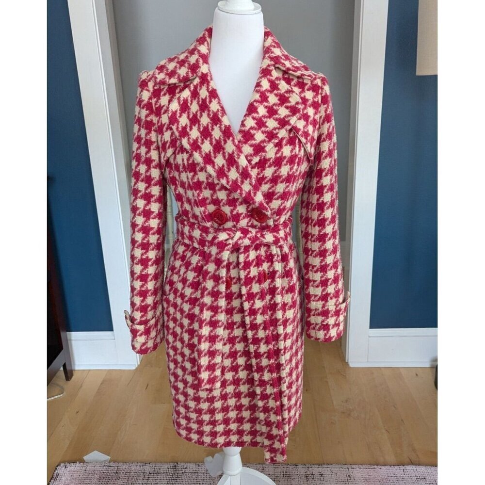 DIA Wool Alpaca Hot Pink Large Hounds Tooth Fitted Coat Size Small